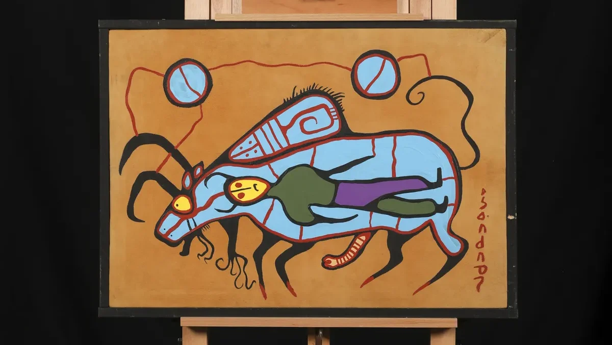Astral Bear On Deer Skin Leather From 1987 is an authentic Norval Morrisseau piece. It features typical themes and imagery on properly aged skin medium, making it great for people investing in art